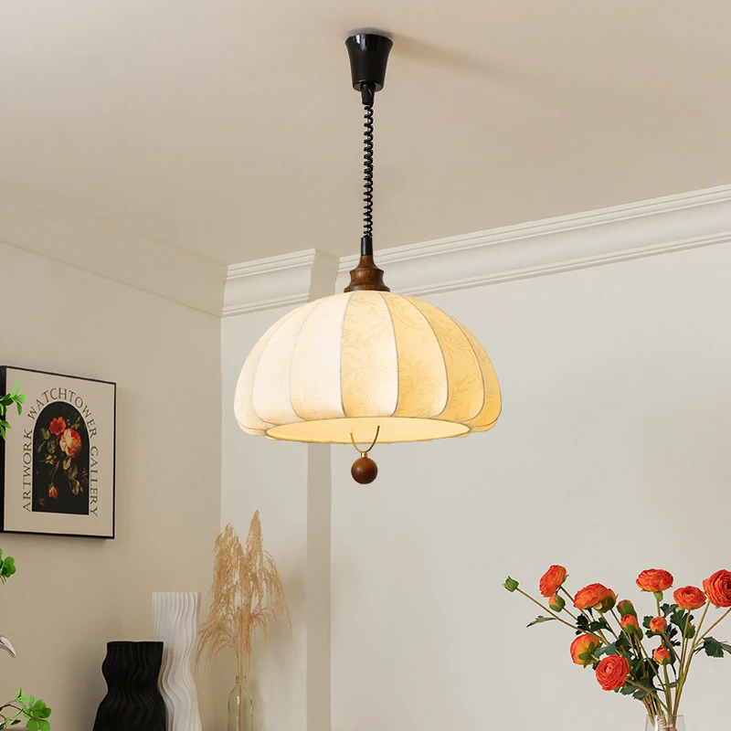 法式印花布艺餐厅吊灯侘寂风中古可升降餐桌饭厅吧台伸缩灯casagd