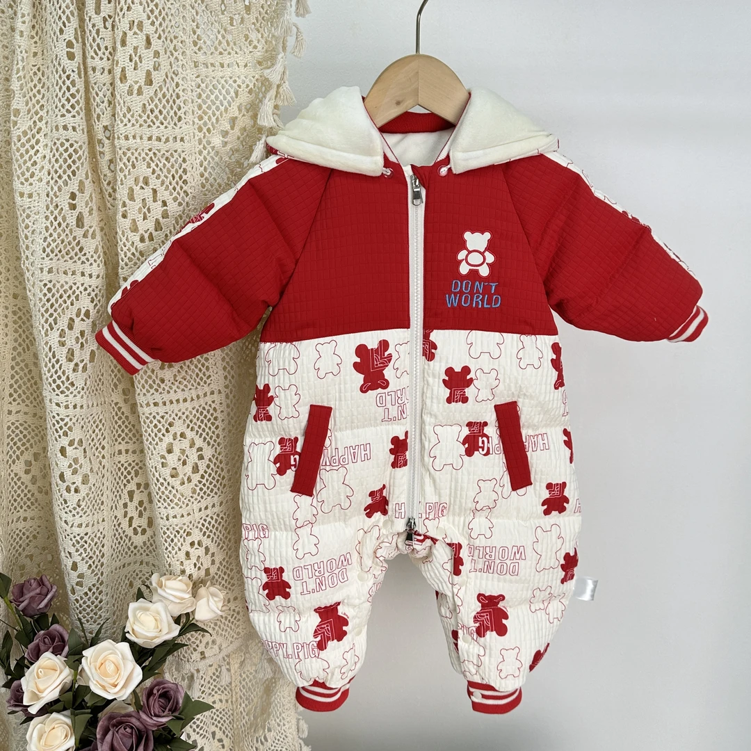 冬季男宝卡通小熊印花可爱时尚加绒加厚连体爬爬服哈衣羽绒服005