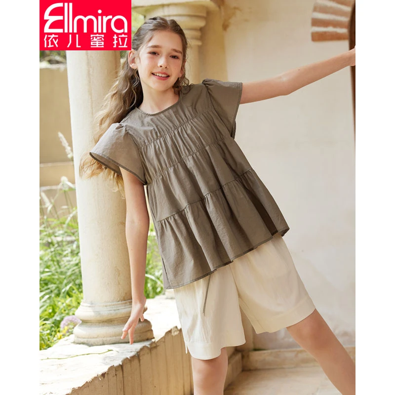 8450女童娃娃衫咖色夏季儿童上衣薄款宽松中大童洋气