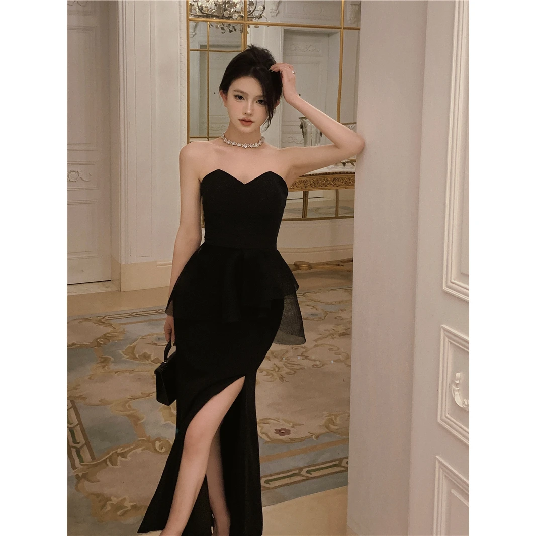 设计感无袖长裙性感气质裹胸裙女装吊带设计感网纱开叉长裙连衣裙