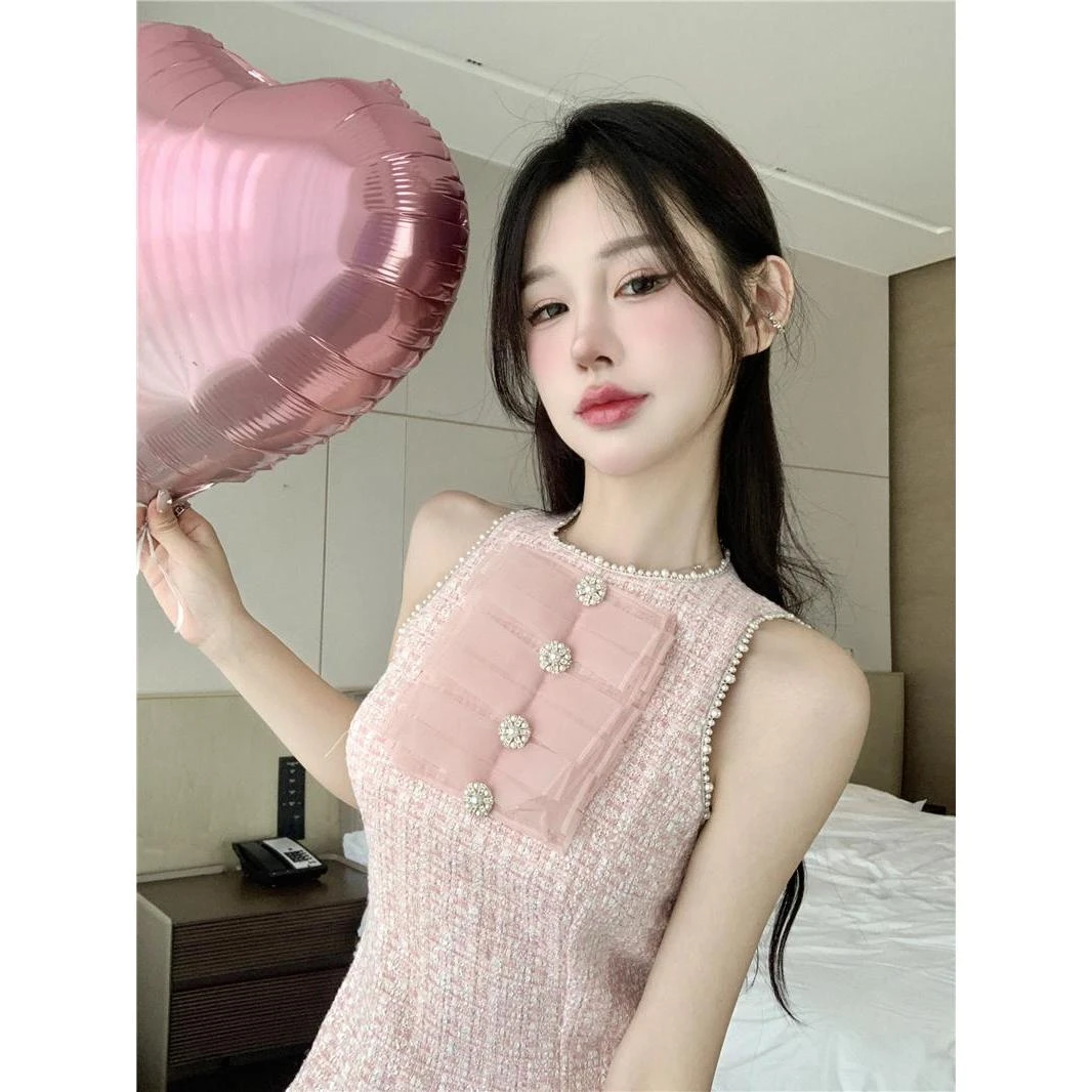 粉色裙子夏季2023新款法式小香风名媛气质纯欲无袖生日连衣裙女装