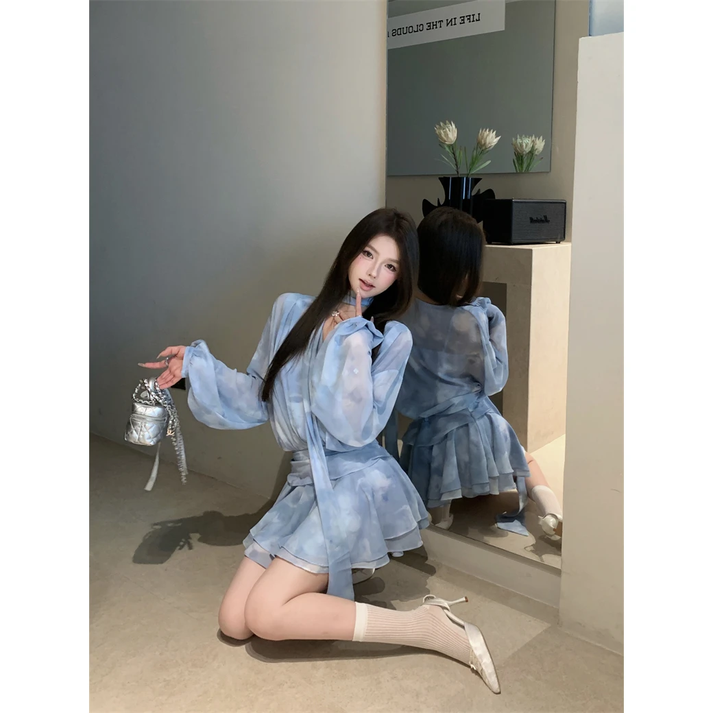 纯欲性感V领碎花连衣裙复古短款百褶晕染雪纺裙子配吊带两件套女