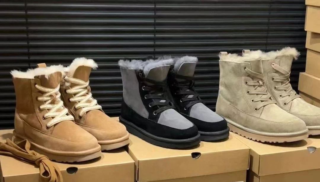 麻绳系带雪地靴男款冬季加厚皮毛一体