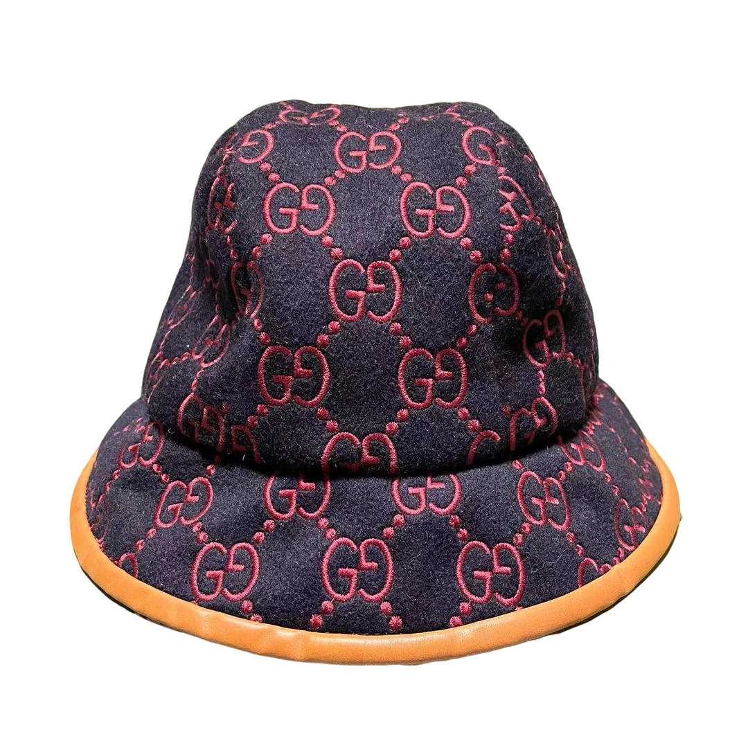 全新未使用 GUCCI/古驰 女款双G Logo黑紫休闲复古时尚遮阳渔夫帽