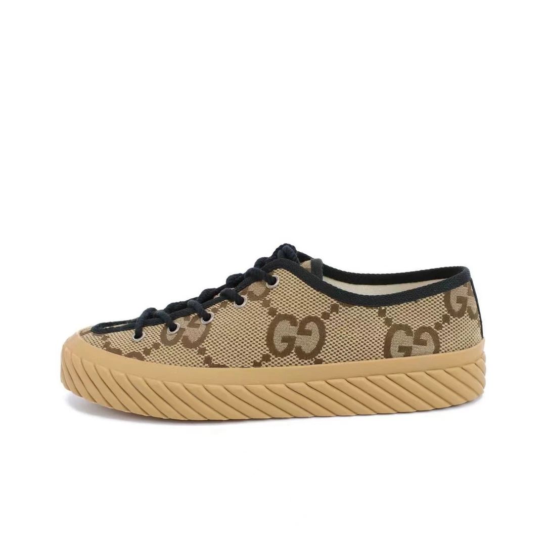 全新未使用 GUCCI/古驰 男款棕色老花印花低帮休闲时尚潮流帆布鞋