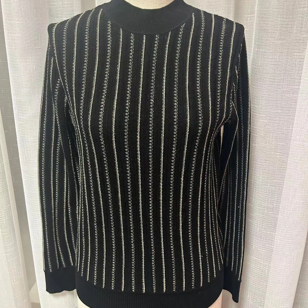 【王老板】2024优雅夏季黑白撞色竖条女式针织衫322902