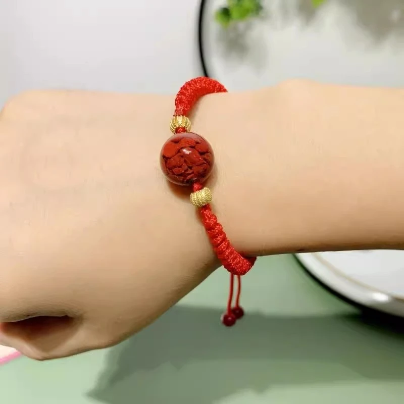 天然辰砂圆满 保真晶体原矿高含砂手工编绳单颗转转珠过年红