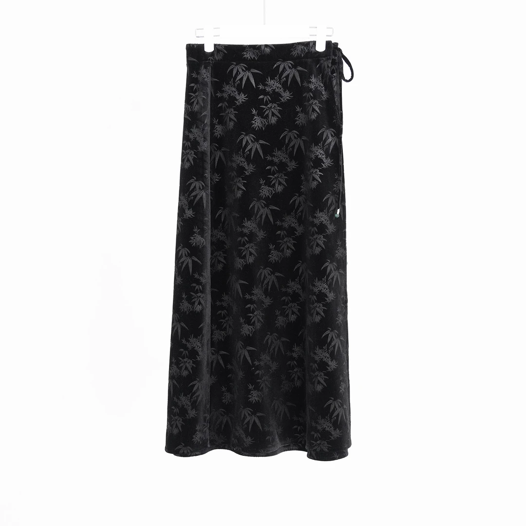 （几里）夜闱秋竹-新国风国风墨青色加绒裹裙 裙长91 124121