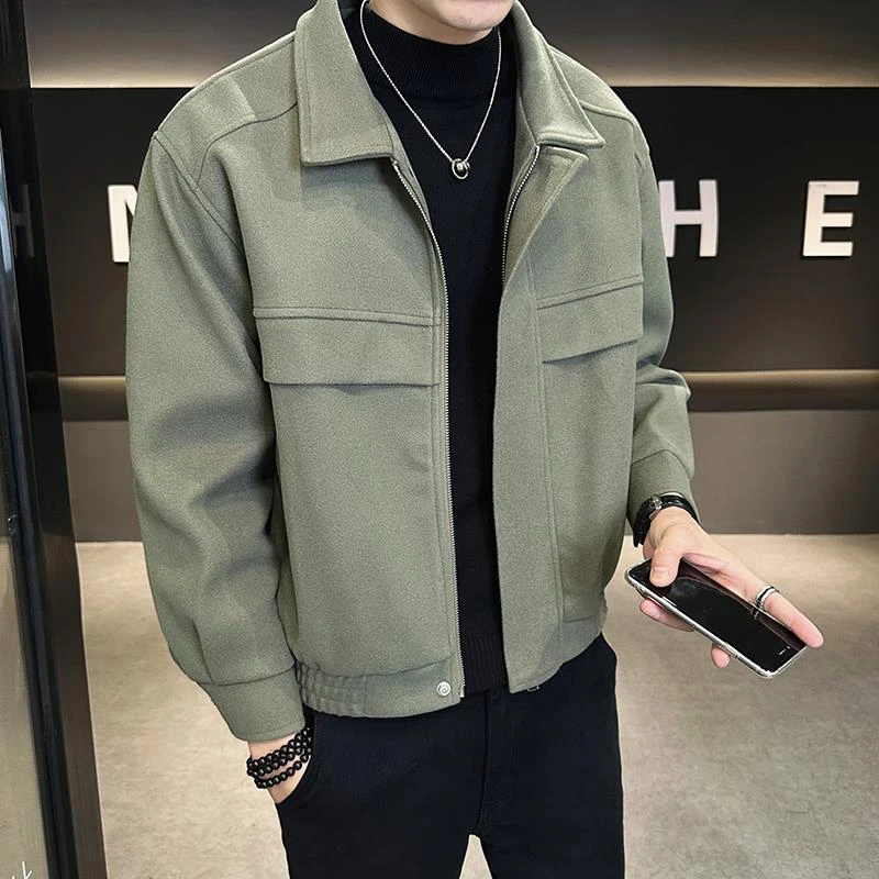 M01毛呢外套男秋冬季新款加厚痞帅翻领男装呢子夹克休闲男士上衣