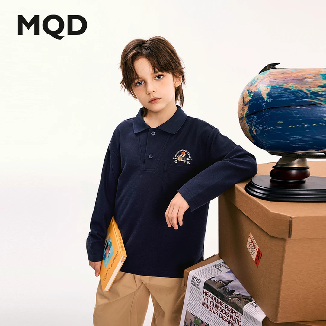 MQD童装儿童24秋新品学院风休闲百搭长袖T恤POLO衫9643W0403
