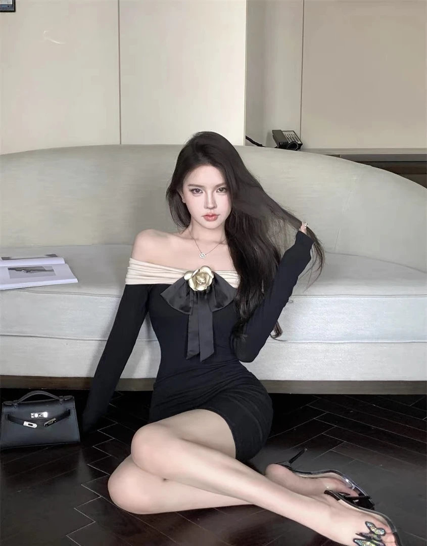 名媛气质一字肩长袖连衣裙山茶花撞色收腰包臀裙女