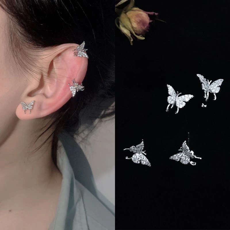 森系蝴蝶图案耳钉微镶锆石耳环仙女简约小巧耳骨夹气质百搭耳饰c