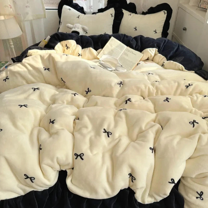 2024新款韩版蝴蝶结花边款牛奶绒四件套冬天加厚保暖三件套珊瑚绒