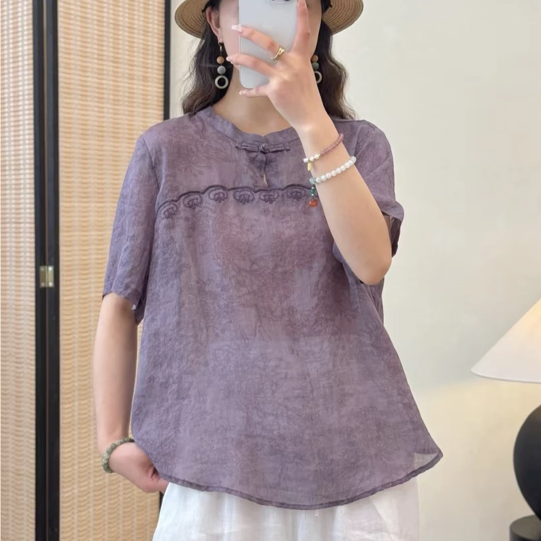 2024夏季新款苎麻提花立领衬衫女新中式时尚复古文艺国风衬衣上衣