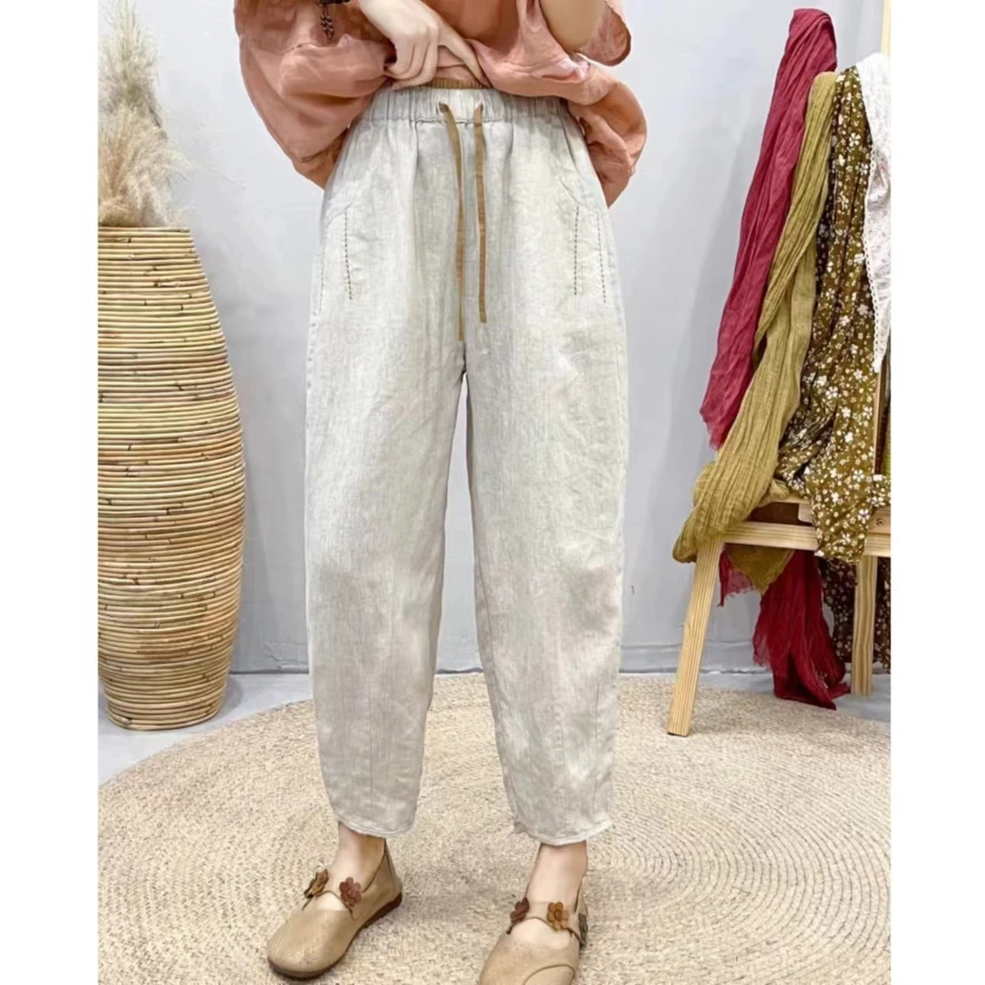 显瘦减龄亚麻休闲裤女2024夏季薄款直筒裤宽松百搭亚麻九分哈伦裤