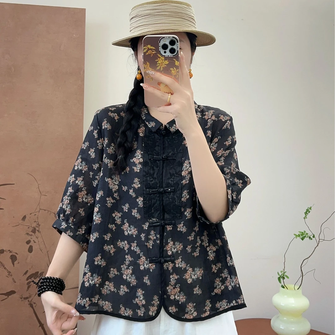 2024夏复古新中式刺绣苎麻衬衫女宽松刺绣衬衣开衫上衣外搭