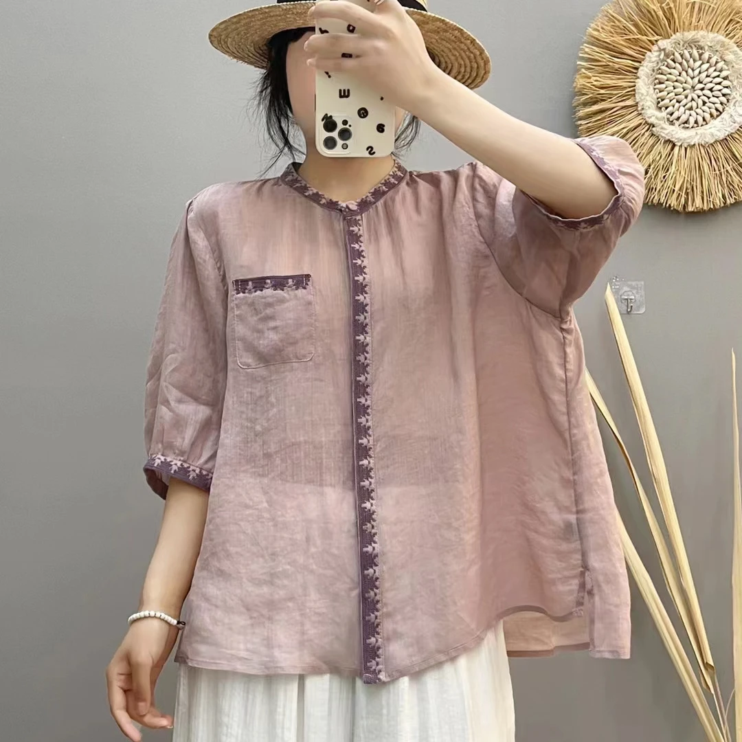 100支细苎麻小立领五分袖衬衫女2024夏薄款贴布刺绣文艺衬衣上衣