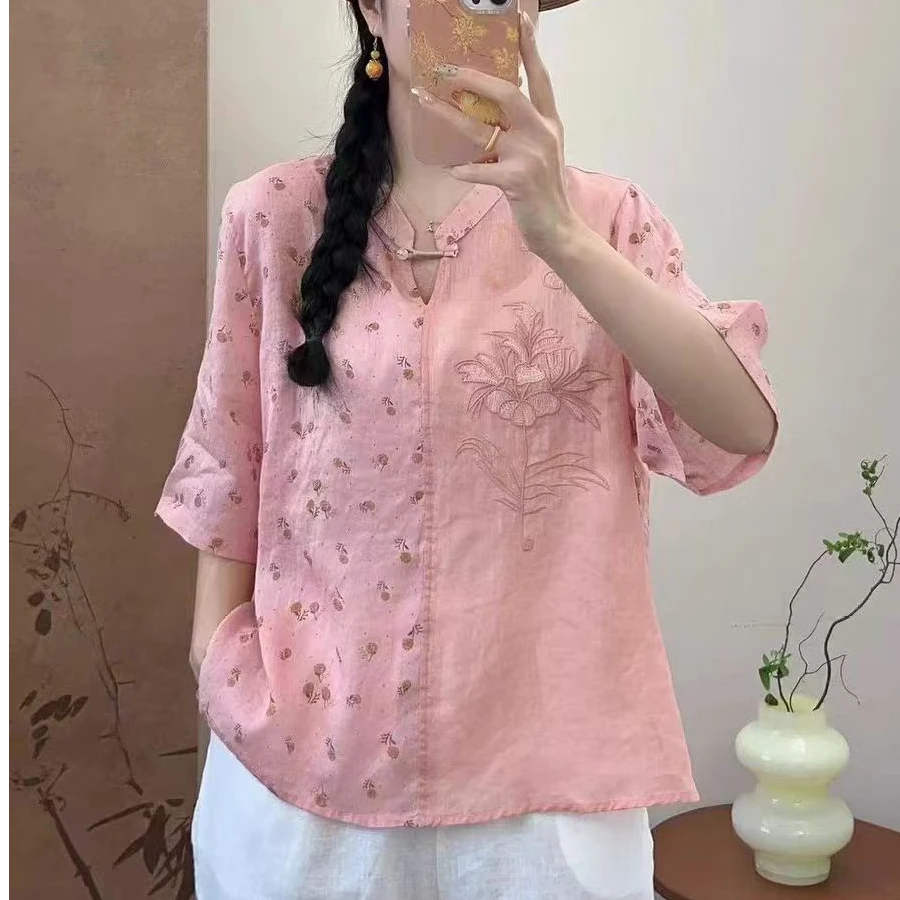 文艺刺绣高端苎麻衬衫女套头夏季宽松显瘦五分袖短款小衫麻料上衣
