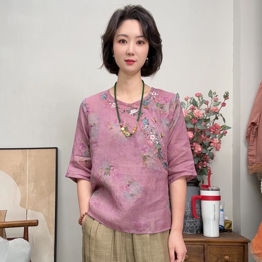 2025夏季新款刺绣复古印花玉石扣斜襟苎麻女上衣衬衫