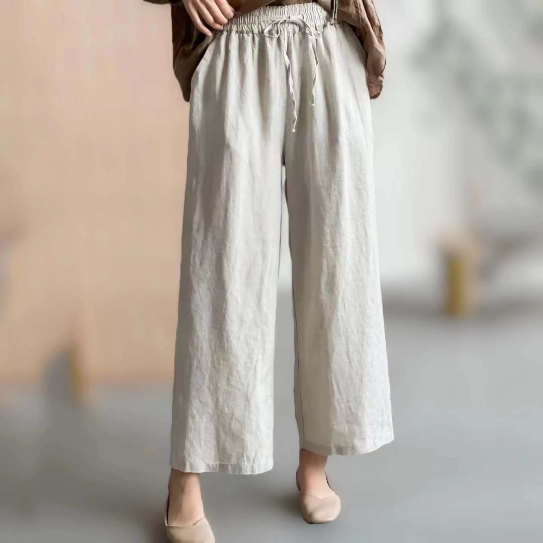 夏季复古亚麻高腰系带宽松阔腿裤纯色百搭文艺休闲长裤女妈妈装