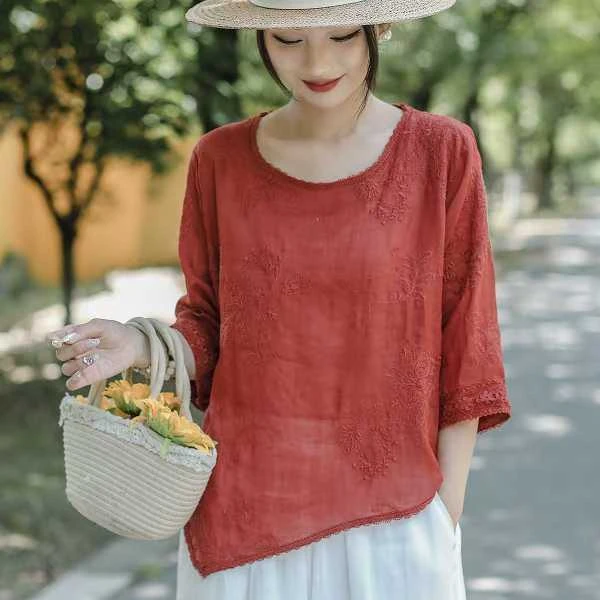 2024重工刺绣花边苎麻T恤衫夏季不规则圆领七分袖小衫上衣
