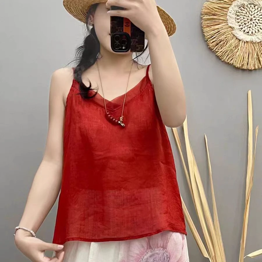 纯苎麻欧根纱拼接吊带女V领纯色可调节肩带美背背心显瘦百搭上衣