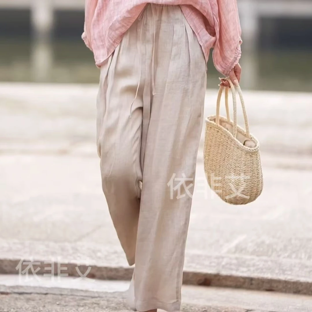 2025夏季新款高端苎麻斜纹休闲裤女松紧腰防晒裤宽松九分直筒裤
