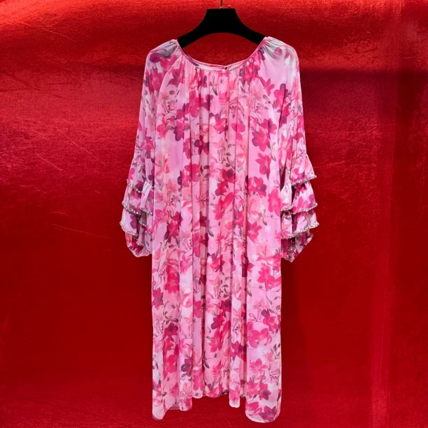 L8801【大码女装】深圳南油仙气钉钻荷叶边喇叭袖100-230斤连衣裙