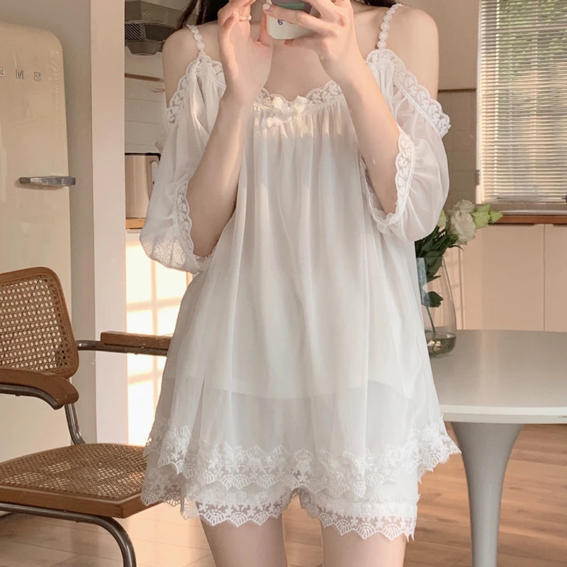 【YanFei】吊带睡衣女夏短袖一字肩莫代尔棉蕾丝网纱甜美可爱公主