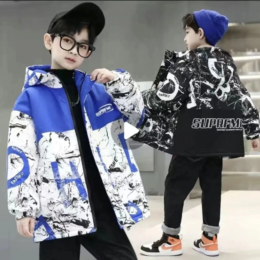 男童加绒外套秋冬款2023新款儿童加厚棉服中大童风衣男孩冬装棉袄