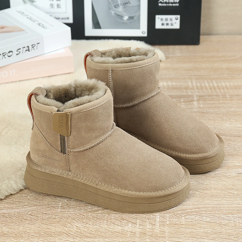 2024冬季新款牛皮羊毛舒适东北保暖雪地靴厚底增高