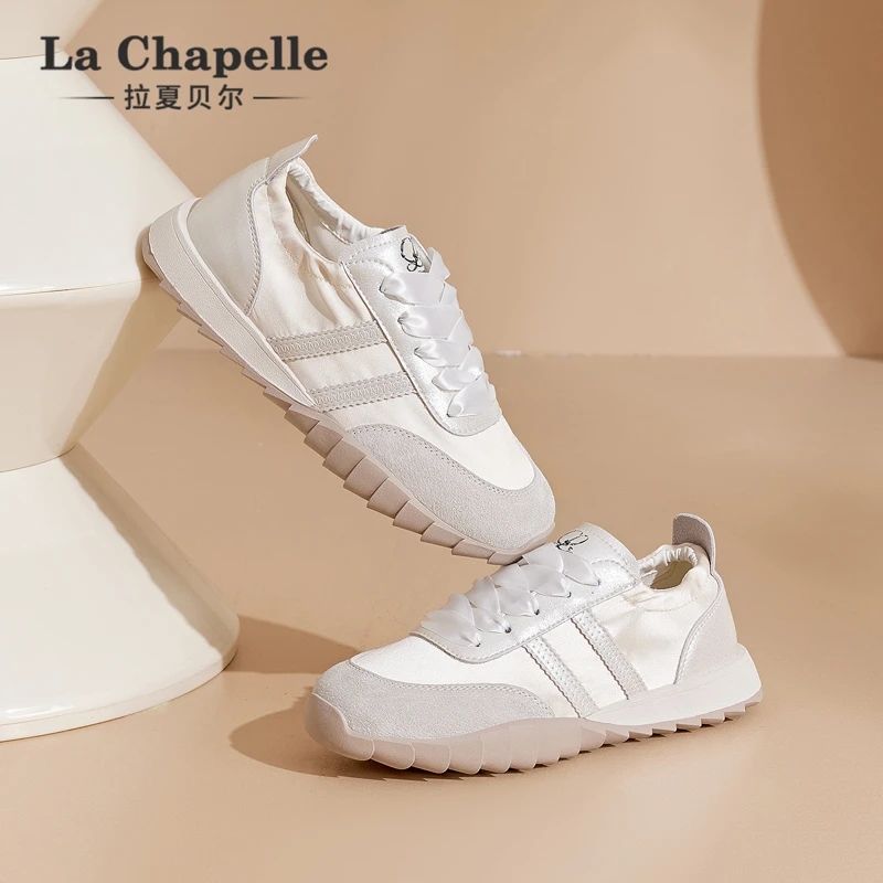拉夏贝尔平底德训鞋女夏季2024新款缎面透气少女风软底休闲板鞋