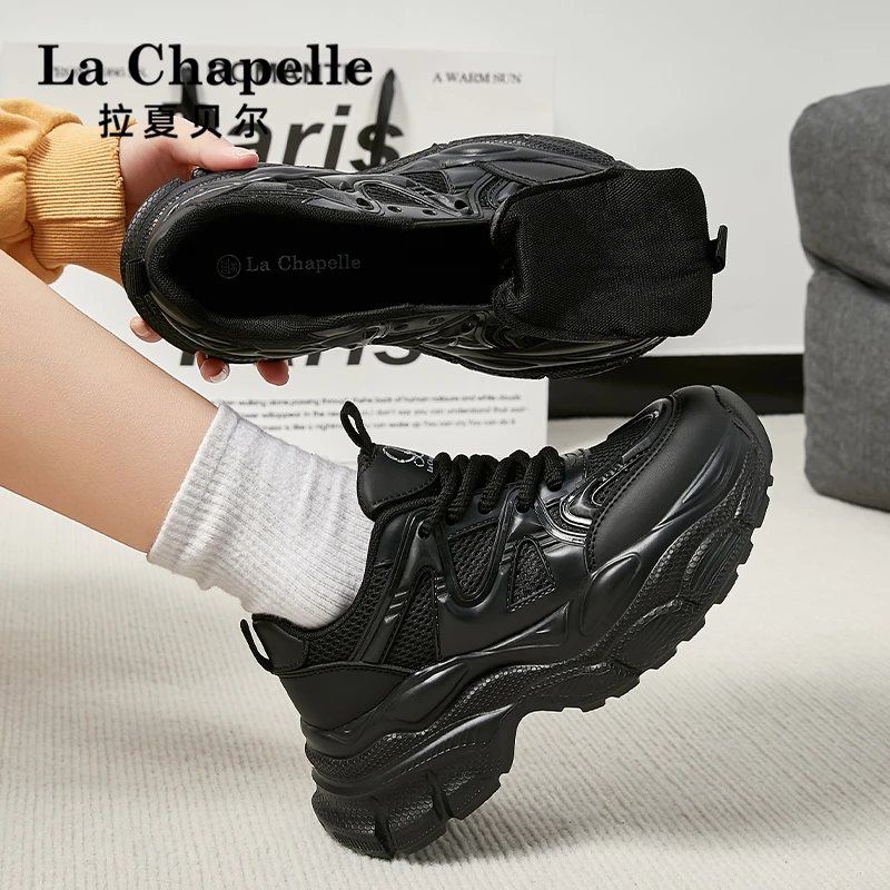 拉夏贝尔2024新款夏季春秋网鞋透气网面爆款厚底小白鞋运动鞋