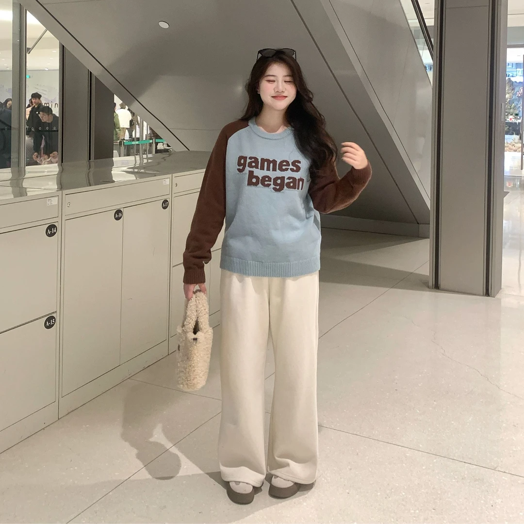 唐不灵微胖《焦糖饼干》大码显瘦套头字母毛衣保暖打底