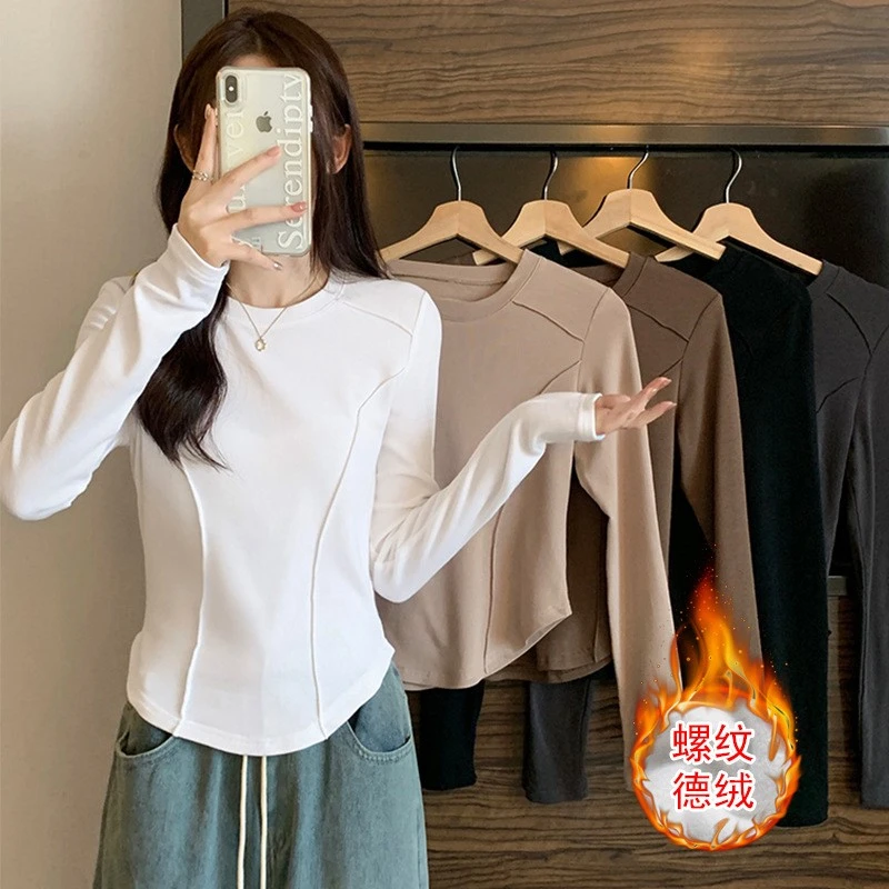 秋冬季新款长袖鱼骨T恤女显瘦百搭小蛮腰长袖内搭德绒加厚打底衫