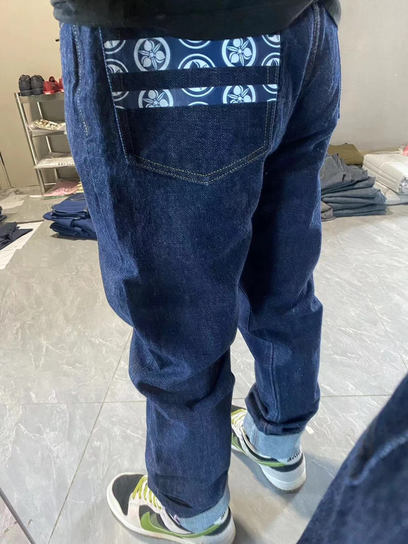 桃家粉红边赤耳磨毛无弹力男牛仔长裤