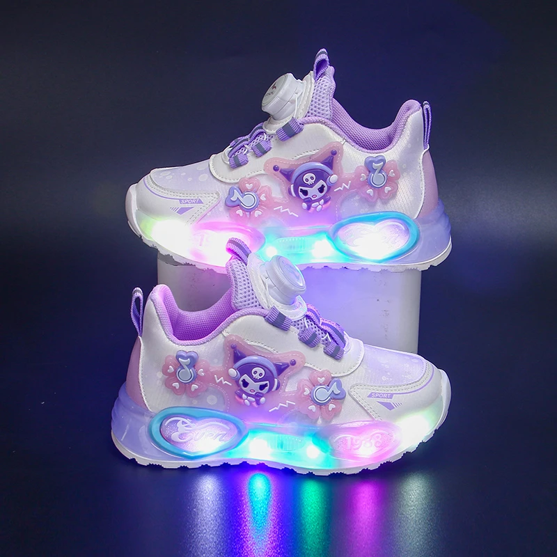 库洛米女童鞋2024秋季儿童发光运动鞋女孩2-12岁中小童透气跑步鞋