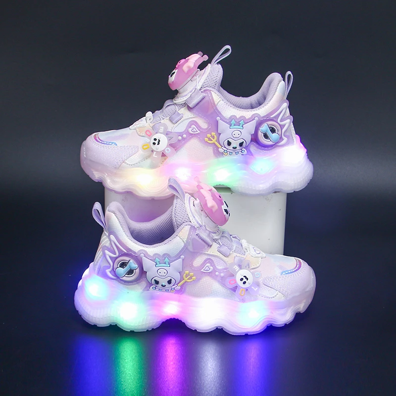 秋季女童库洛米皮面运动鞋学生软底公主鞋儿童旋转扣发光灯鞋鞋子
