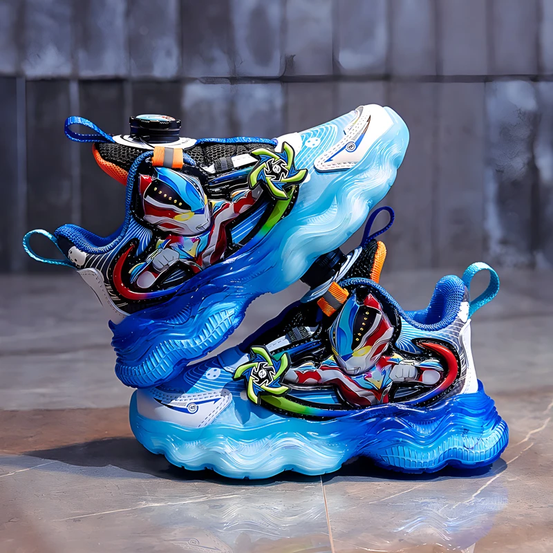 奥星曼男童鞋2024秋冬发光运动鞋儿童旋转纽扣风车鞋中小童带灯鞋