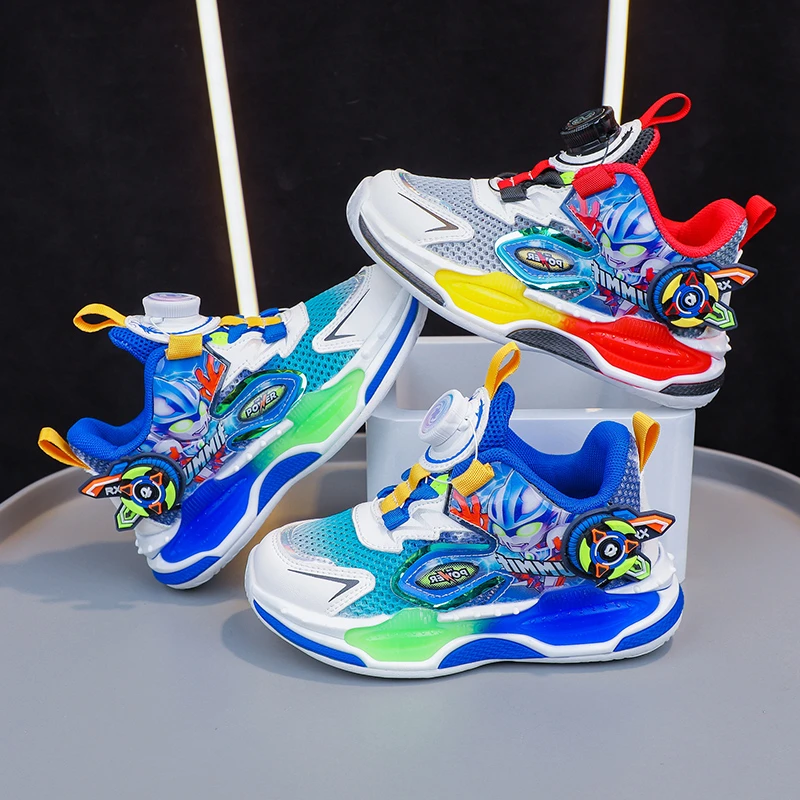 男童奥星曼鞋2024年夏季小学生网面鞋儿童亮灯男孩运动风车带灯鞋
