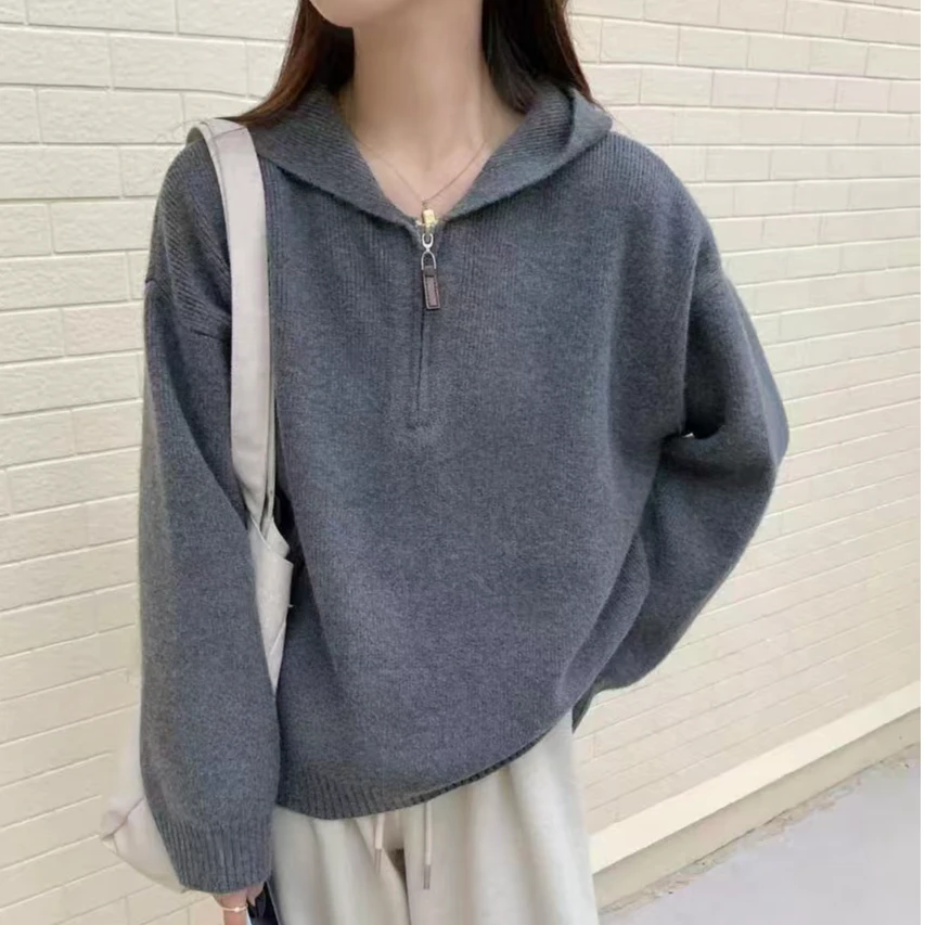 纯色半开拉链连帽针织衫韩版宽松显瘦百搭通勤套头毛衣女3041