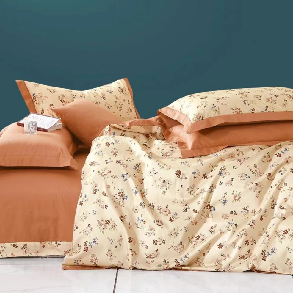 C5541 纯棉匹马棉100s贡缎拼角四件套 午后花香200*230直播颜色