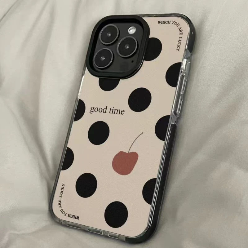 ins黑色波点樱桃15promax手机壳iPhone14/13透明12防摔11小众7/8P