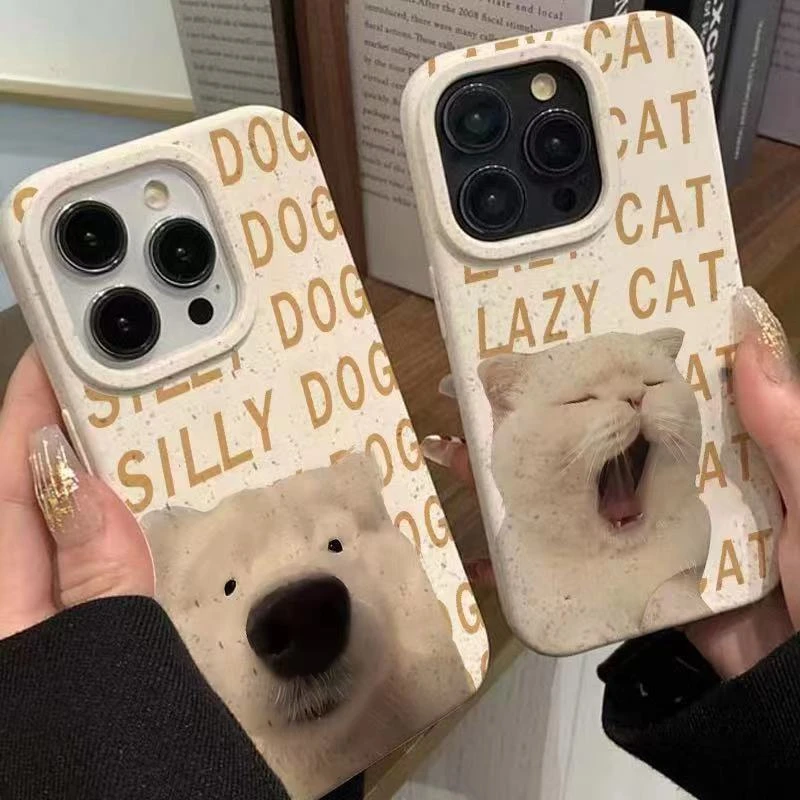 呆萌猫狗iPhone13情侣手机壳xr全包xs大孔12小麦壳11软壳7/8p简约