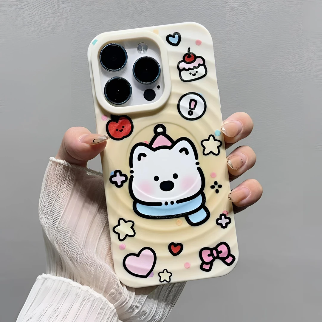 粉蓝波点小狗波漾壳适用于iphone16pro涂鸦小狗苹果15新款16磁吸
