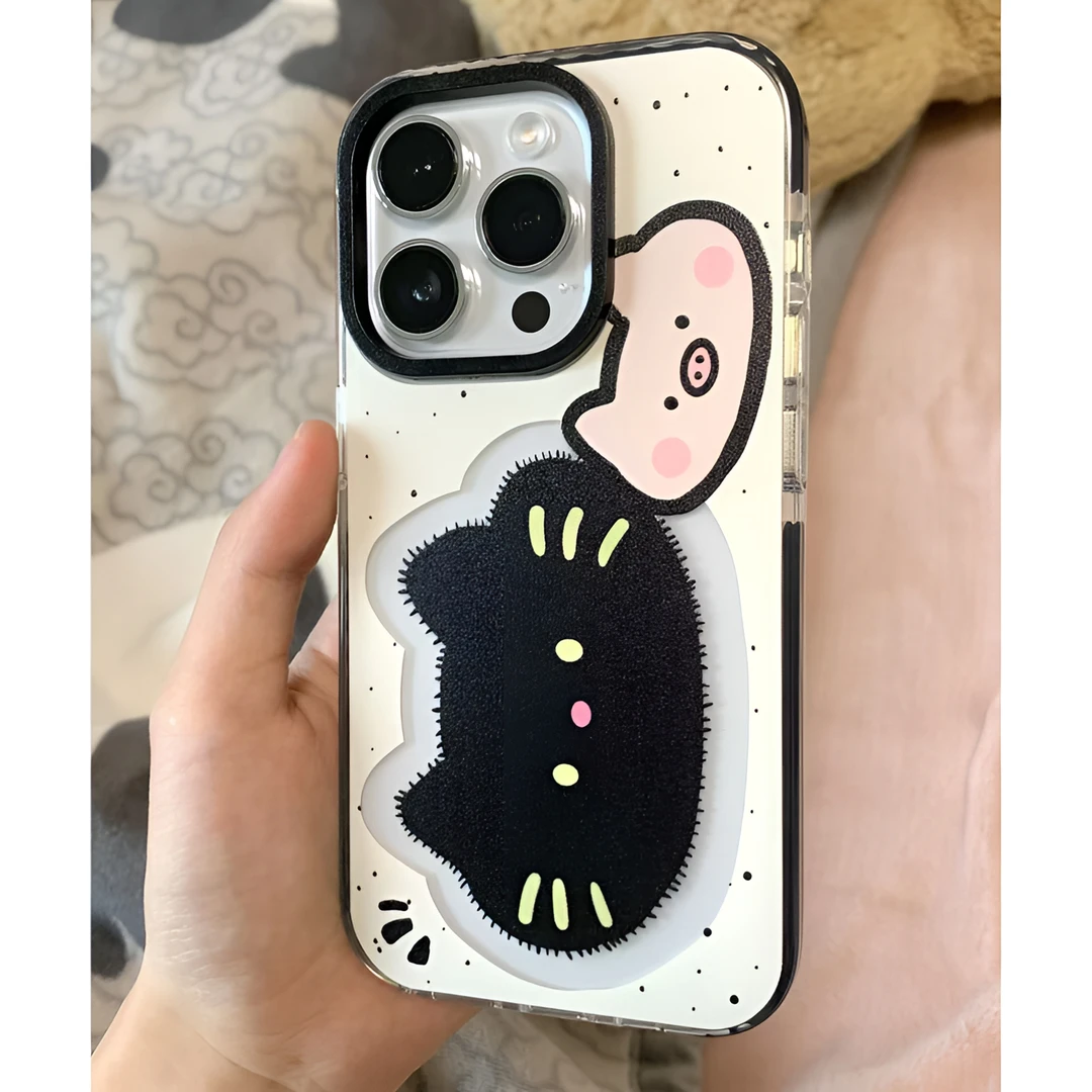 可爱黑猫小猪黑边透明壳可爱适用于苹果15pro秋冬苹果14女苹果xs