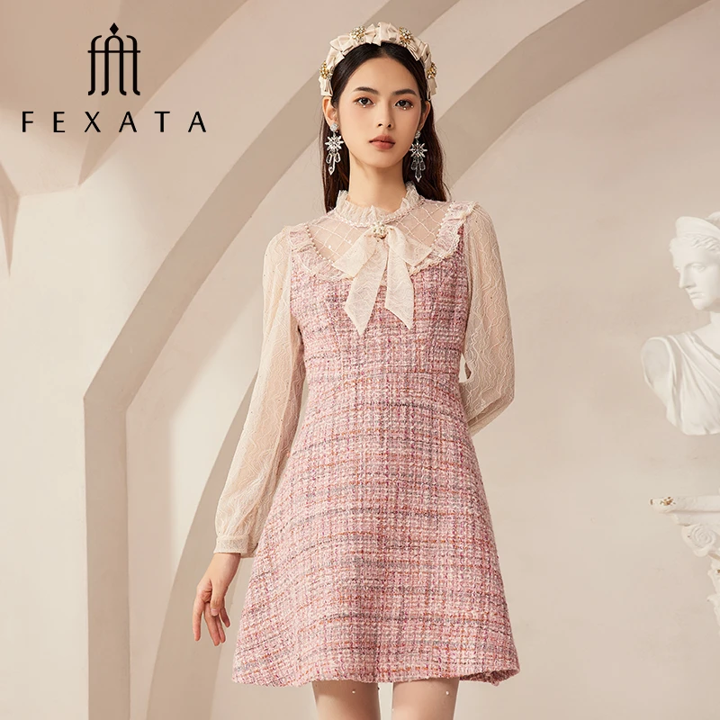 【高高来了】FEXATA斐格思小香风粗花呢裙子网纱蝴蝶结连衣裙