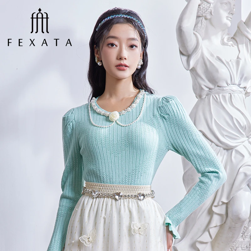【媛媛女王严选】FEXATA斐格思上衣女复古钉珠针织衫F41C0409