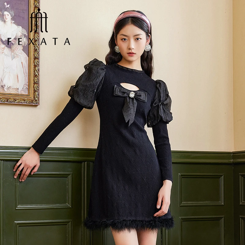 【黄蓉推荐】FEXATA斐格思连衣裙冬季新品法式蝴蝶结针织裙