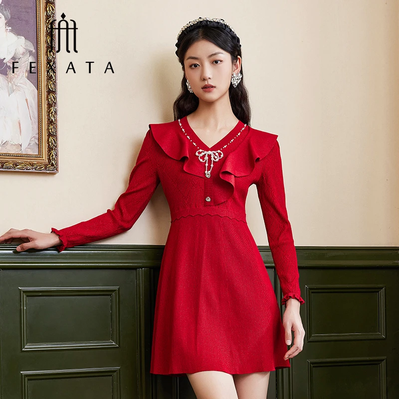 【老板娘夏天】FEXATA斐格思连衣裙冬季新品红色喜庆复古针织裙